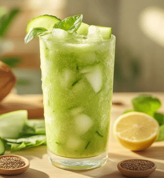 Licuado verde con sábila, pepino, apio, limón, coco y semillas de lino, todos los ingredientes están sobre una mesa de madera en una cocina.