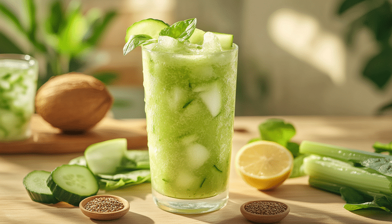 Licuado verde con sábila, pepino, apio, limón, coco y semillas de lino, todos los ingredientes están sobre una mesa de madera en una cocina.