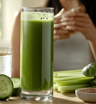 Licuado verde en un vaso de vidrio, sobre una mesa de madera. Al rededor hay vegetales frescos, semillas de lino y hojas saludables.