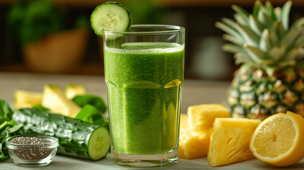 smoothie verde en vaso de vidrio con rodaja de pepino, piña y pepino cortado con un vaso de chia