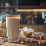 Licuado de avena con mantequilla de maní, sobre una mesa de madera. Al costado se ven más ingredientes como, canela, miel, un tazón con hielos, un vaso de leche y avena.