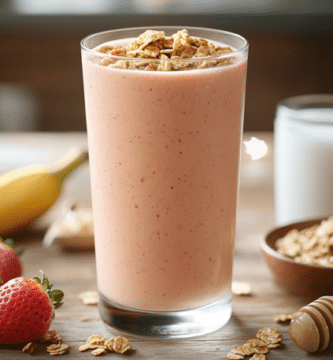 Licuado de granola con plátano y fresas. A sus costados hay ingredientes frescos como granola, fresas, banana, miel, leche y hielo. Todo esta sobre una mesa de madera, de fondo se ve una cocina moderna.