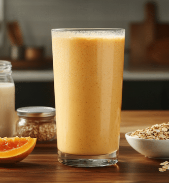 Licuado de mamey con avena sobre una mesa de madera. A sus costados hay ingredientes como mamey partido a la mitad, avena, leche vegetal y miel. Tomo en cuna cocina moderna.