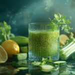 licuado verde para desintoxicar en un vaso de vidrio. A los costados hay ingredientes frescos, todo sobre una mesa de rustica.