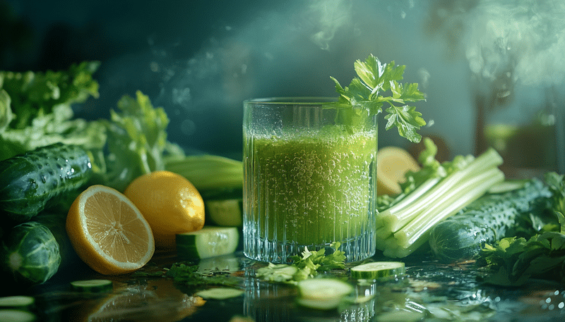 licuado verde para desintoxicar en un vaso de vidrio. A los costados hay ingredientes frescos, todo sobre una mesa de rustica.
