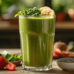 Licuado verde en medio de una mesa de madera con ingredientes frescos: plátano, espinacas, fresas, semillas de linaza y agua.
