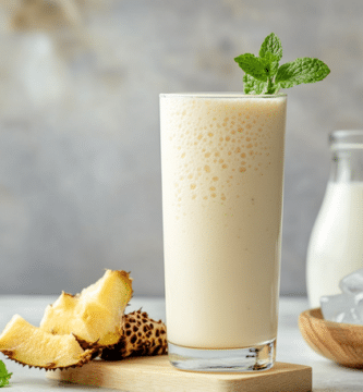 Licuado de guanábana en un vaso alto de vidrio. A sus costados hay guanábana partida, miel y leche. Todo esta sobre una tabla de madera en una mesa blanca.