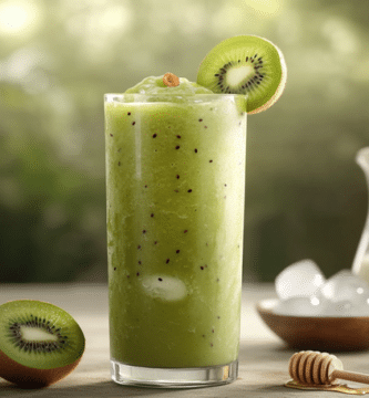 Licuado de kiwi con leche en un vaso de vidrio alto. A sus lados se ven ingredientes como kiwi, una garra con leche, un tazón con hielos y una cucharada de miel. Todo esta sobre una mesa blanca.