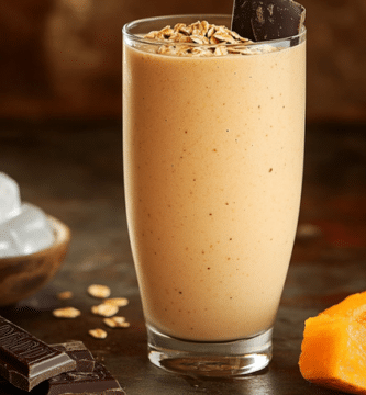 Licuado de mamey con chocolate en un vaso de vidrio, decorado con avena y chocolate. A sus costados se ven trozos de chocolate, una rebanada de mamey, un tazón con hielos y avena. Todo esta sobre una mesa de madera.